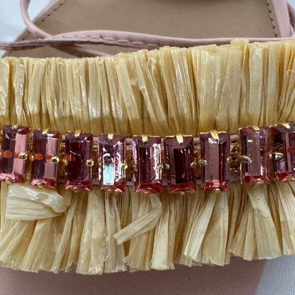 Anthropologie Embellished Tie Up Pink/Rose Raffia Square Toe Sandals New in Box - Picture 5 of 12